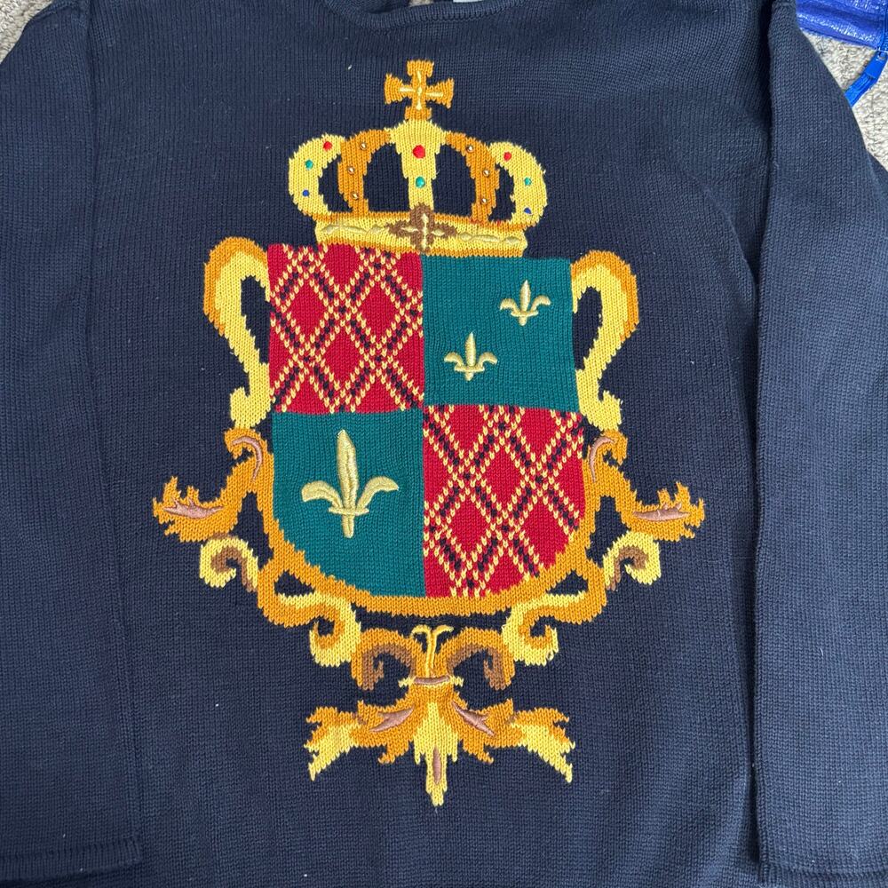 Vintage 90s Marisa Christina Black Knit Crewneck Crest Coat of Arms Sweater - Picture 10 of 13